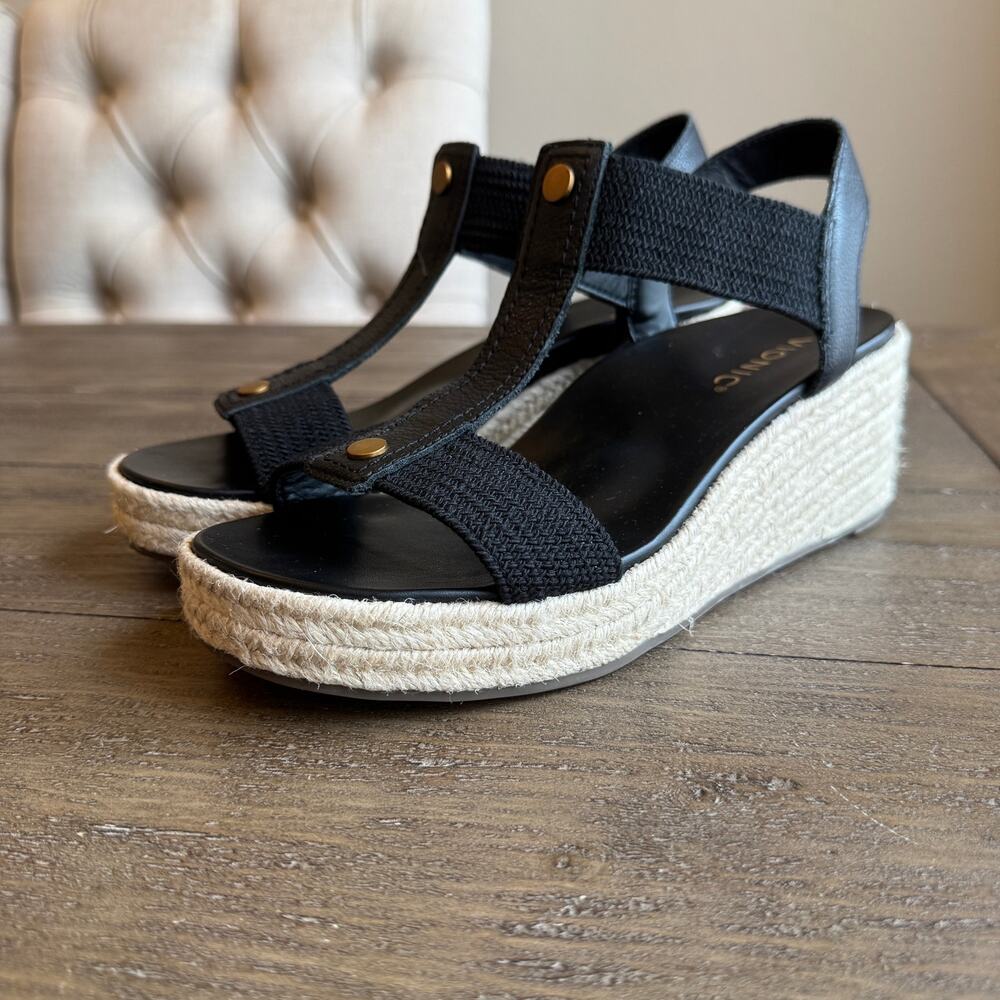 VIONIC Leather Calera Wedge Espadrilles Wedge Sandals Black Size 7 EU 37 Comfort